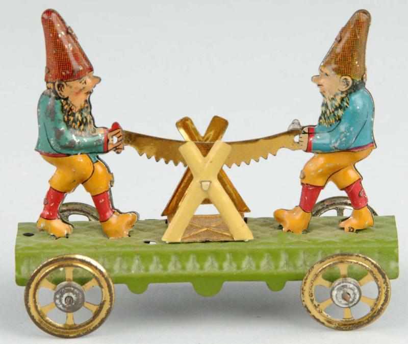 Appraisal: Tin Litho Gnomes Sawing Piece of Wood Penny Toy Description