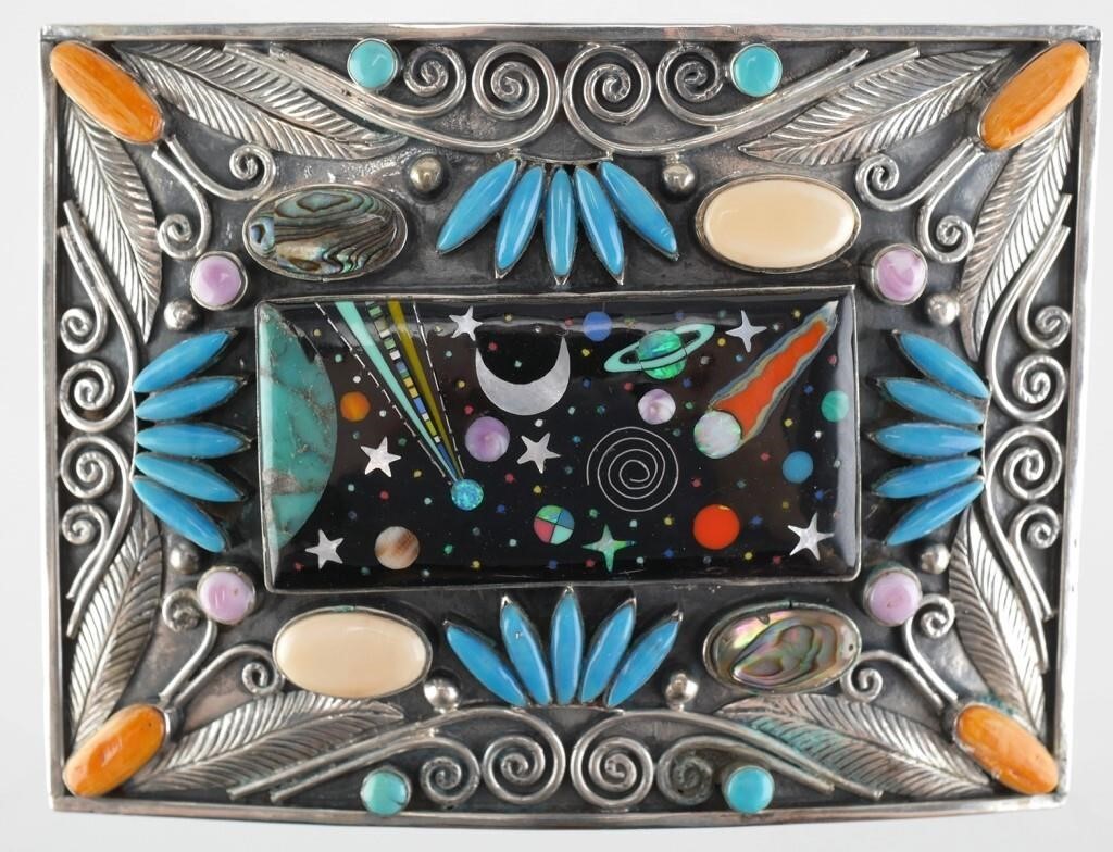 Appraisal: Native American style sterling silver belt buckle featuring a cosmos