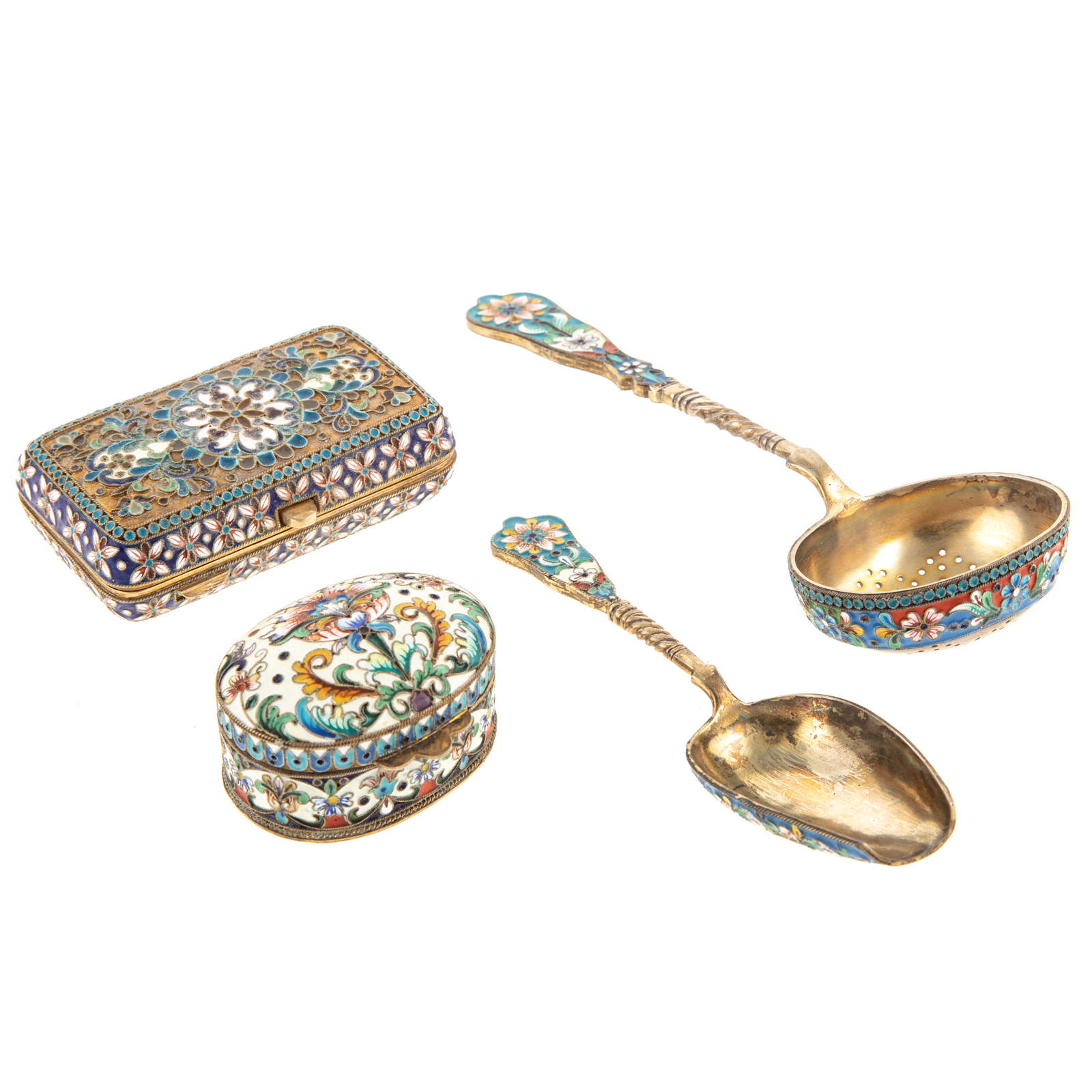 Appraisal: FOUR RUSSIAN SILVER CLOISONNE ENAMEL OBJECTS Late th-early th century