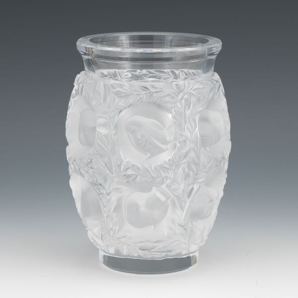 Appraisal: LALIQUE CLEAR AND FROSTED CRYSTAL VASE BAGATELLE PATTERN Rounded shape