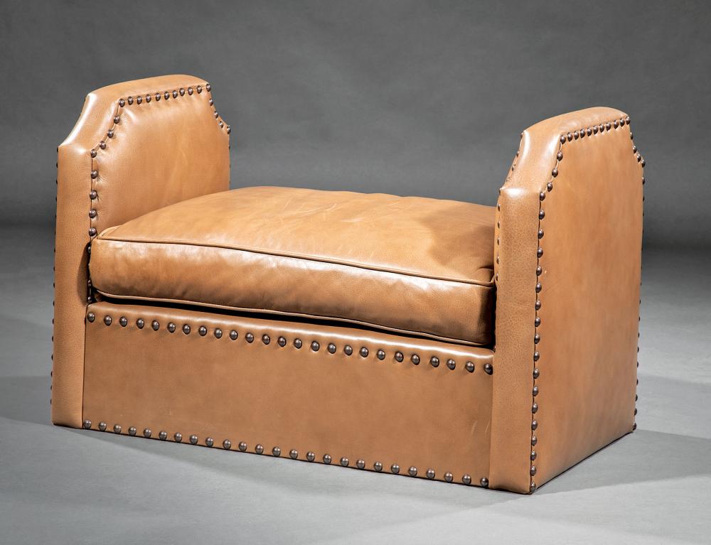 Appraisal: Contemporary Leather Window Bench nailhead decorated uprights loose cushion conforming