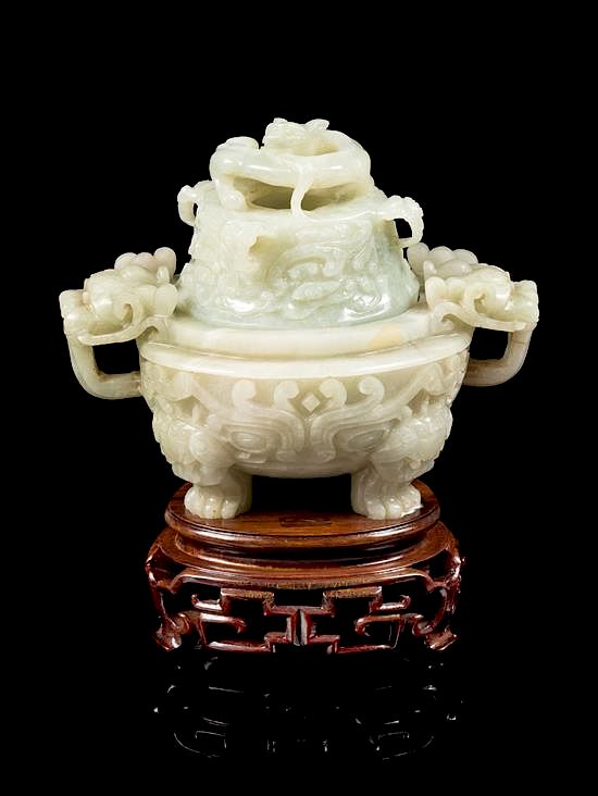 Appraisal: A Celadon Jade 'Taotie' Incense Burner Height inches A Celadon