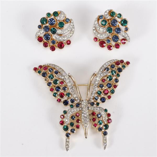 Appraisal: Trifari Jewel Tone Pave Butterfly pin brooch and earrings set