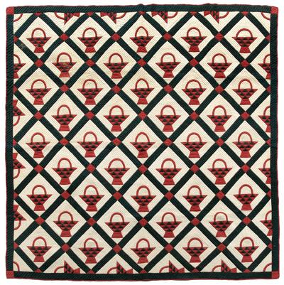 Appraisal: Appliqued and pieced basket quilt red and dark green baskets