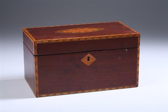 Appraisal: GEORGE III MAHOGANY TEA CADDY Circa Cover with oval inlaid