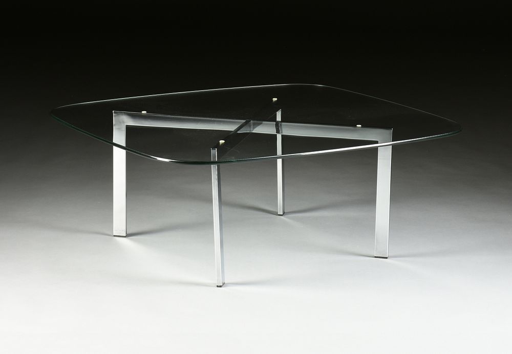 Appraisal: A MID-CENTURY BARCELONA STYLE GLASS TOPPED CHROME COFFEE TABLE s