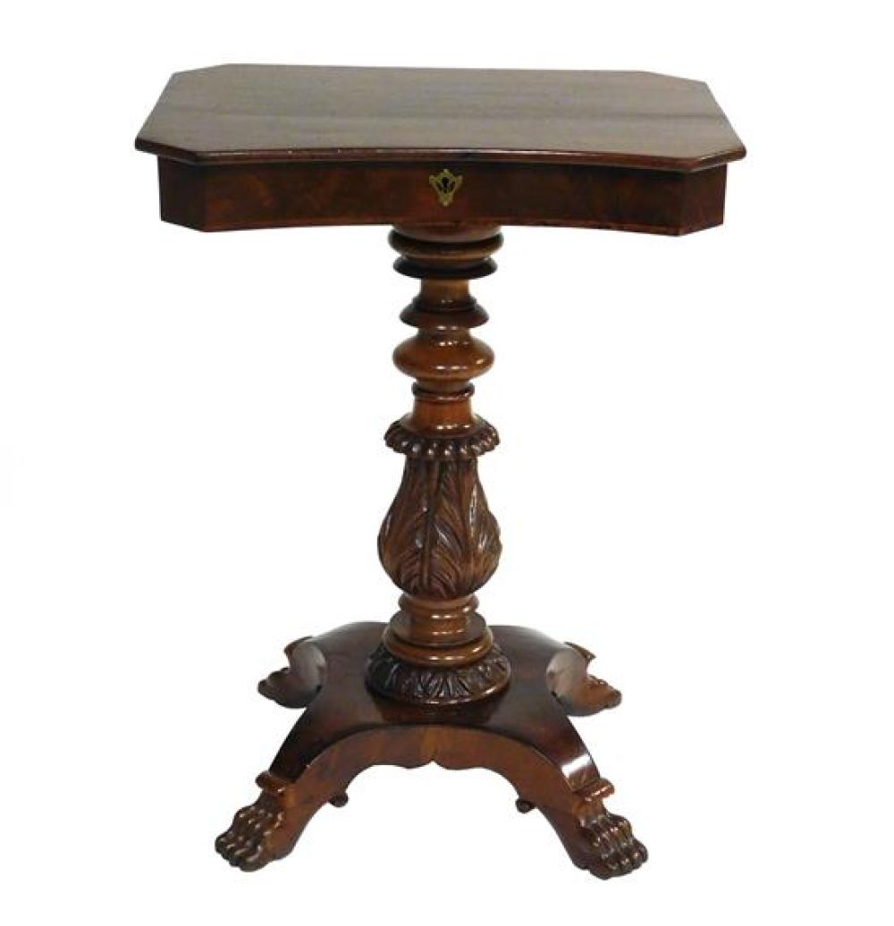 Appraisal: th C sewing stand mahogany and veneers shaped oblong top