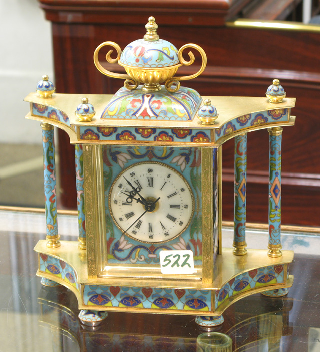 Appraisal: BRASS PICTORIAL ENAMEL AND CLOISONNE DESK CLOCK Chinese th century