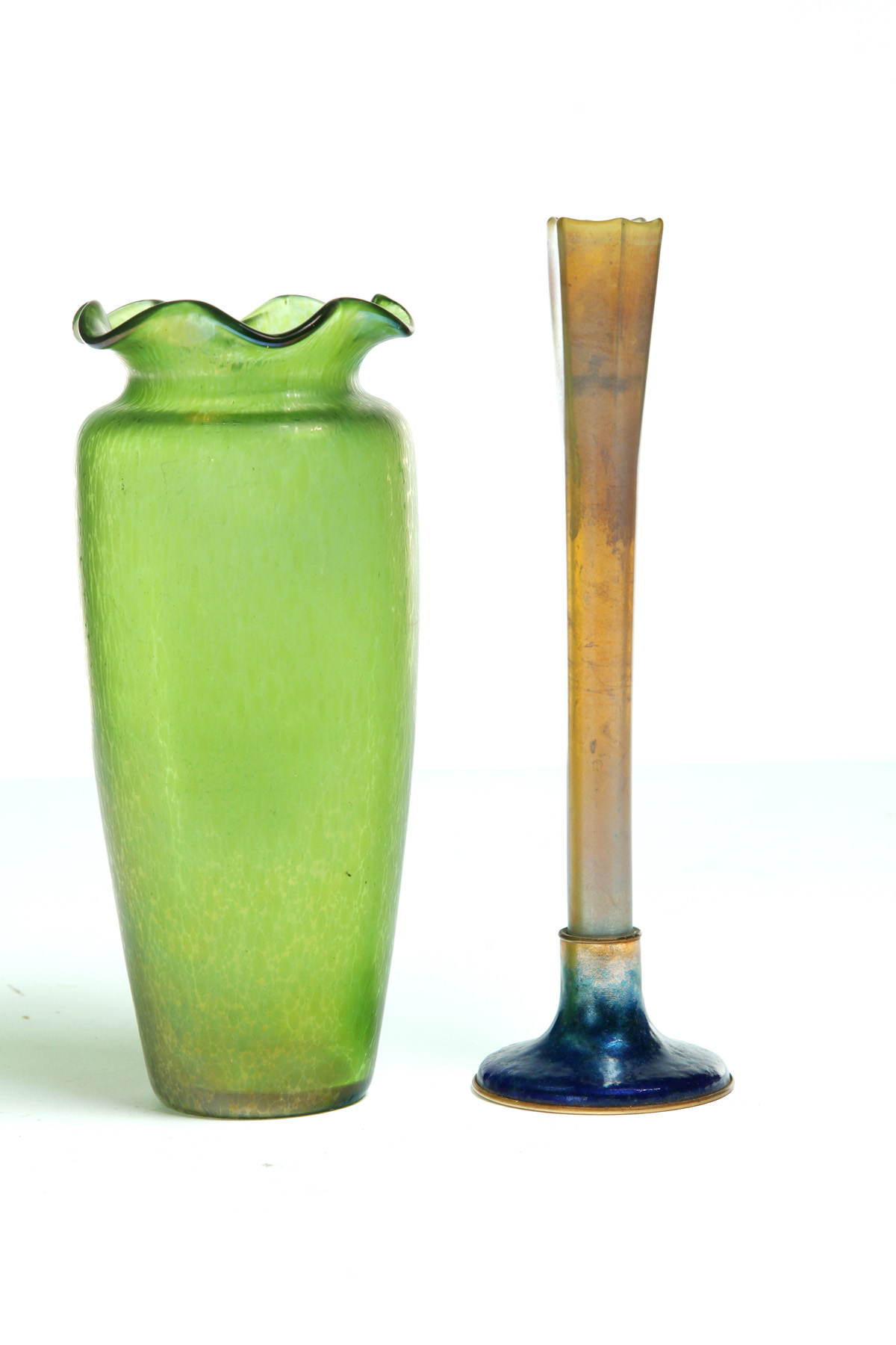 Appraisal: TWO ART GLASS VASES Twentieth century Green vase Loetz Austria