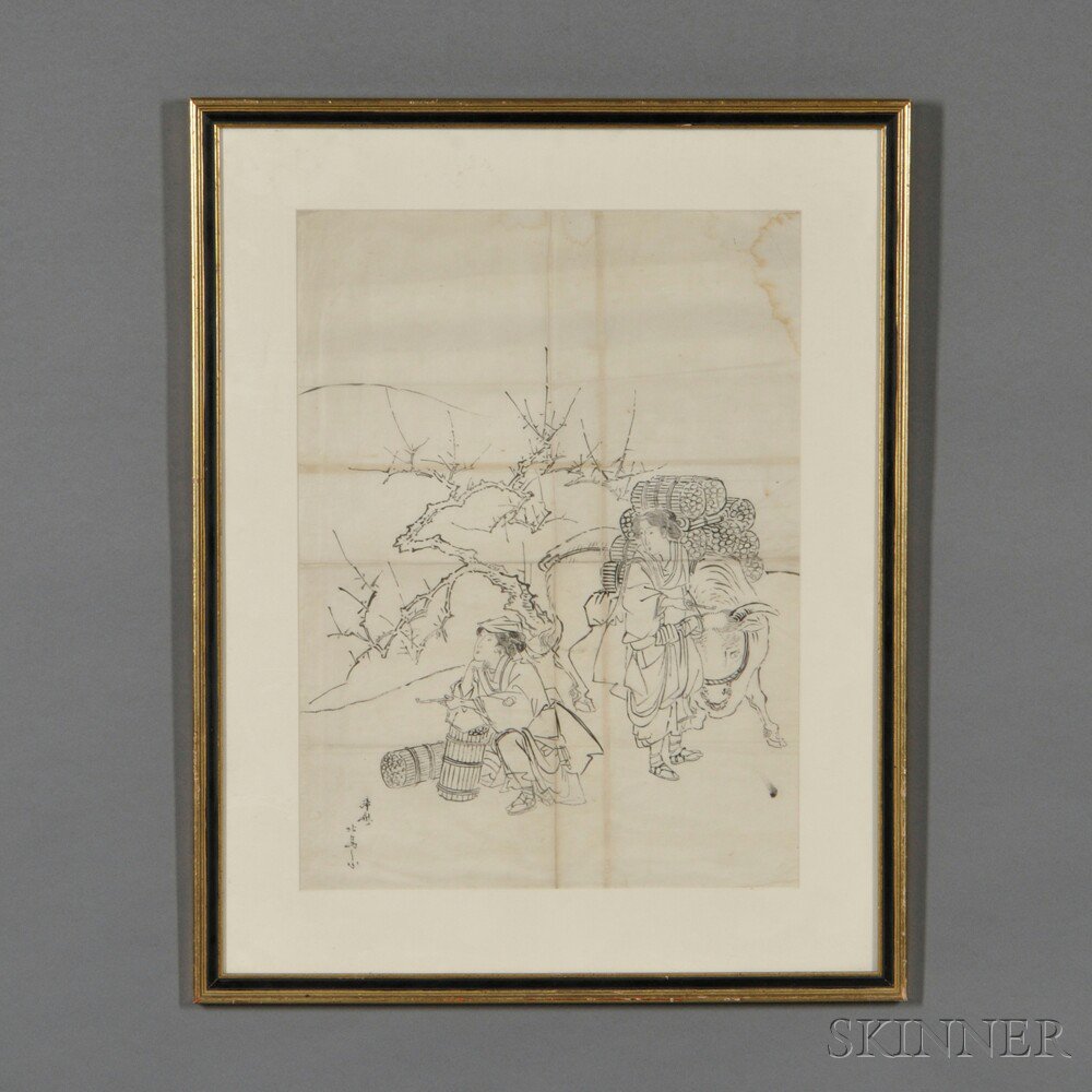 Appraisal: Ink Sketch Japan depicting two Geisha signed Hokuba image x