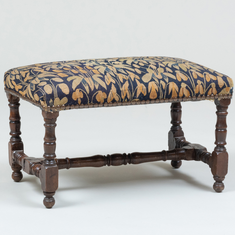 Appraisal: WILLIAM AND MARY OAK AND TAPESTRY UPHOLSTERED STOOL x x