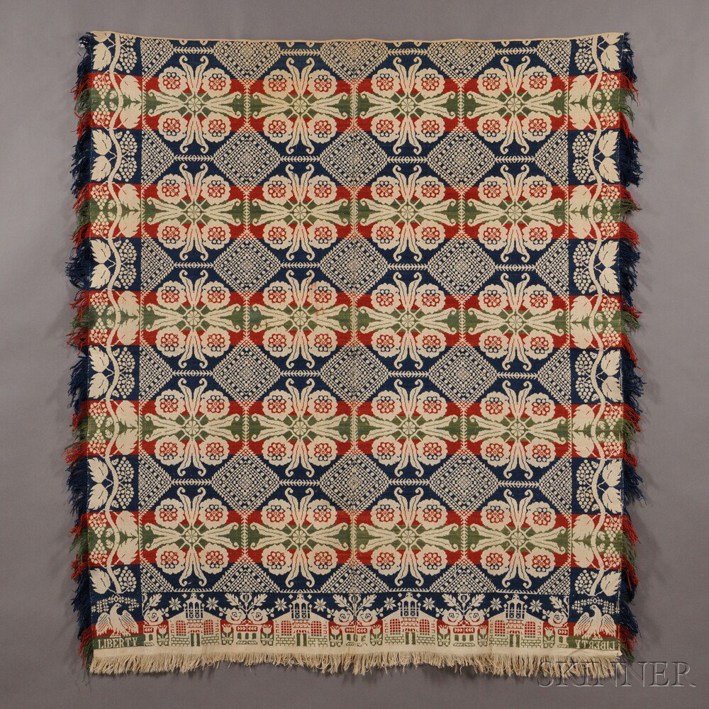 Appraisal: Patriotic Three-color Tied-Beiderwand Coverlet America th century two-piece woven red