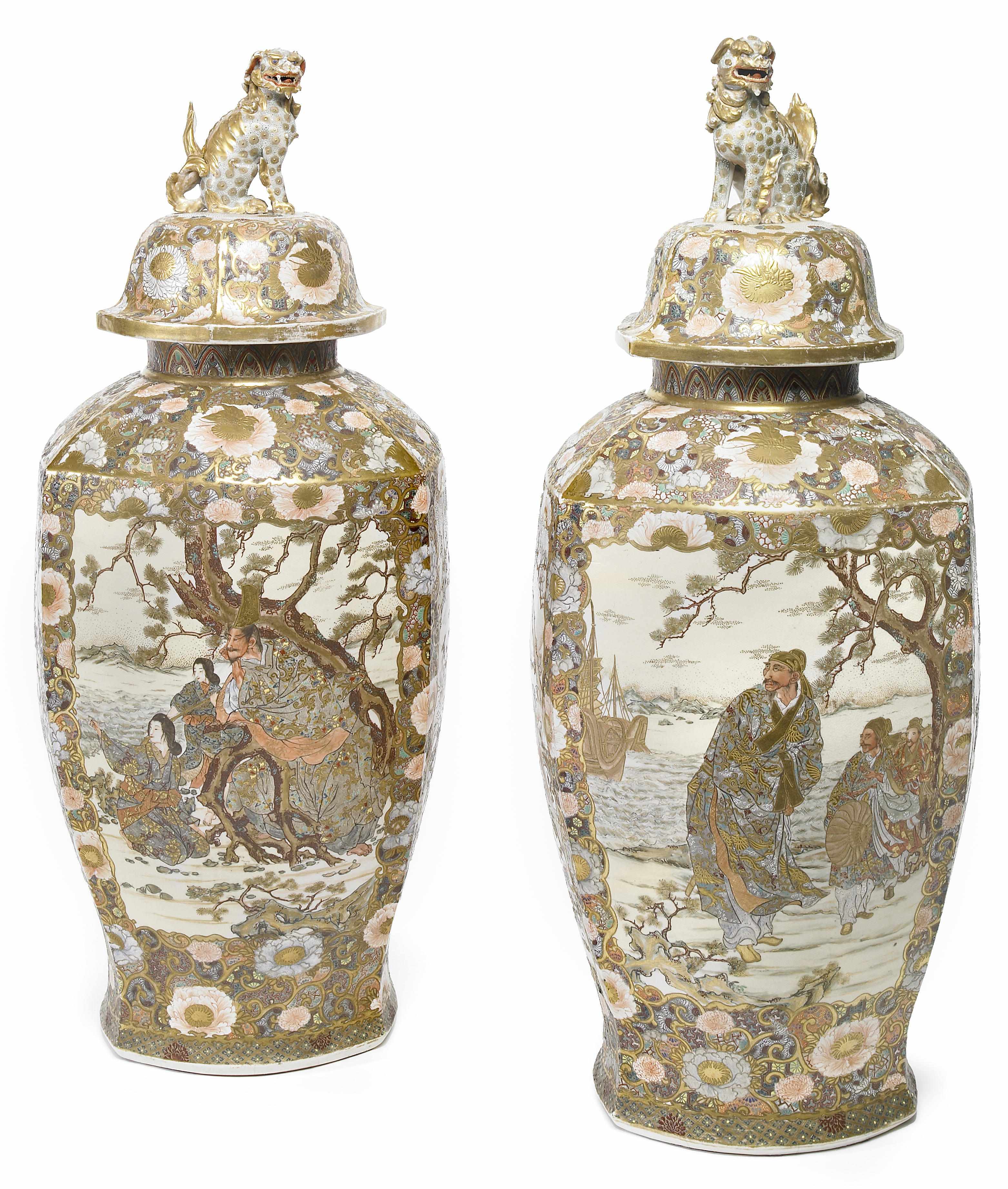 Appraisal: A pair of Japanese Satsuma earthenware temple jars and covers