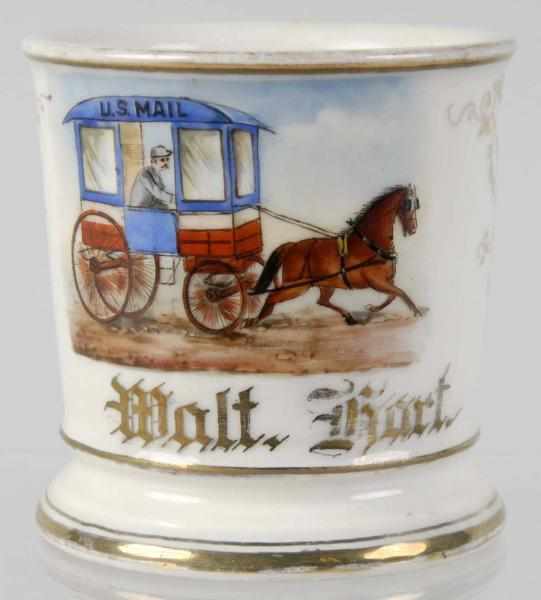 Appraisal: Horse-Drawn US Mail Wagon Shaving Mug Description Gilt name Walt