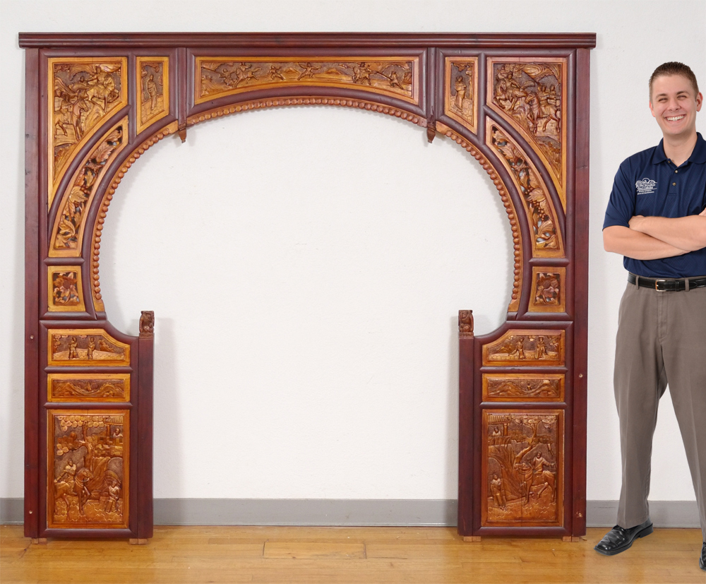 Appraisal: CHINESE LACQUER AND CARVED WOOD BED SURROUND Red and brown