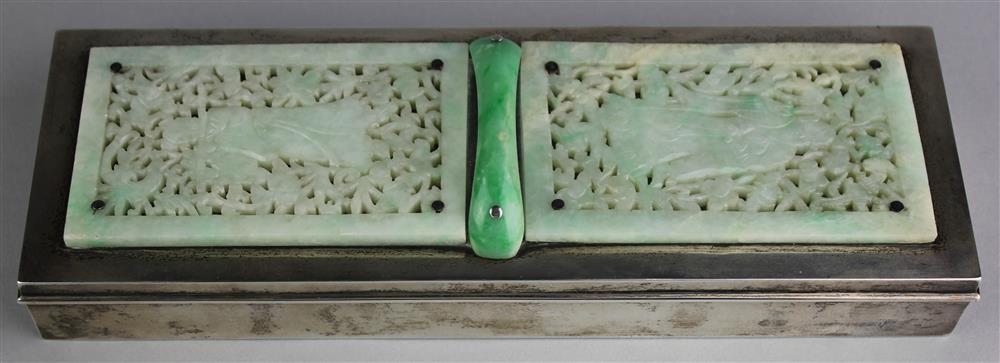 Appraisal: AMERICAN SILVER BOX WITH JADEITE PLAQUES the elongated rectangular box