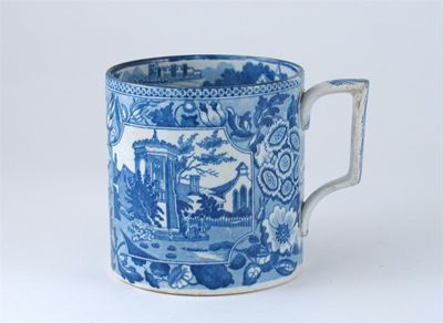 Appraisal: A pearlware mug printed in blue with panels of buildings