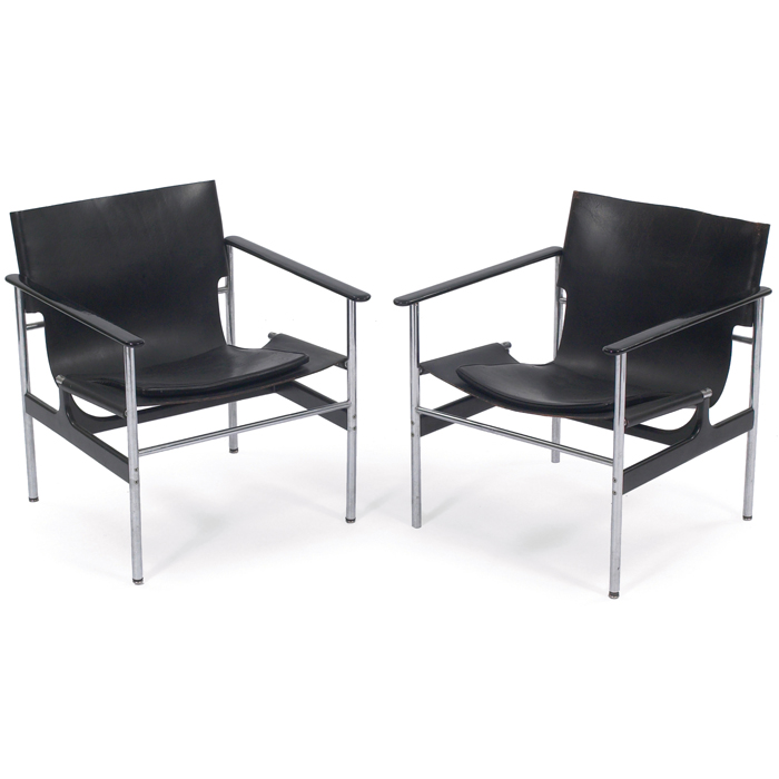 Appraisal: Charles Pollock chairs pair by Knoll original black leather sling