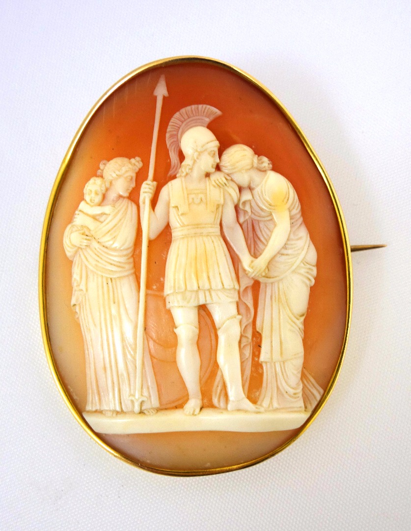 Appraisal: A mid-Victorian gold and shell cameo oval brooch carved in