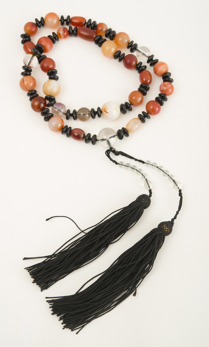 Appraisal: ONYX AND GLASS BEADED NECKLACE Together with a brass and