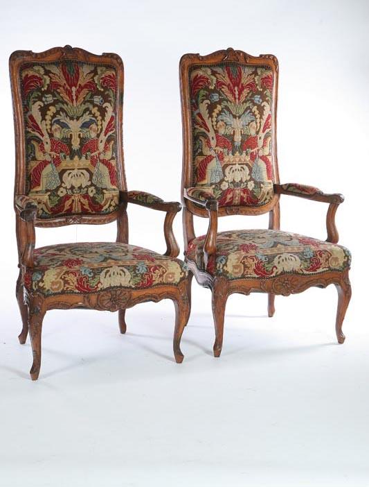 Appraisal: PAIR OF FAUTEUIL ARMCHAIRS Probably European early th century walnut