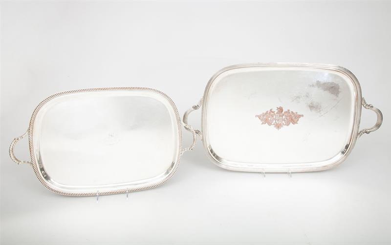 Appraisal: Two Silver-Plated Two-Handled Trays One with crest above motto 'Qua