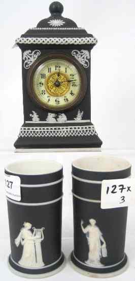 Appraisal: Wedgwood th Century Black Jasperware Mantle Clock And Two Small