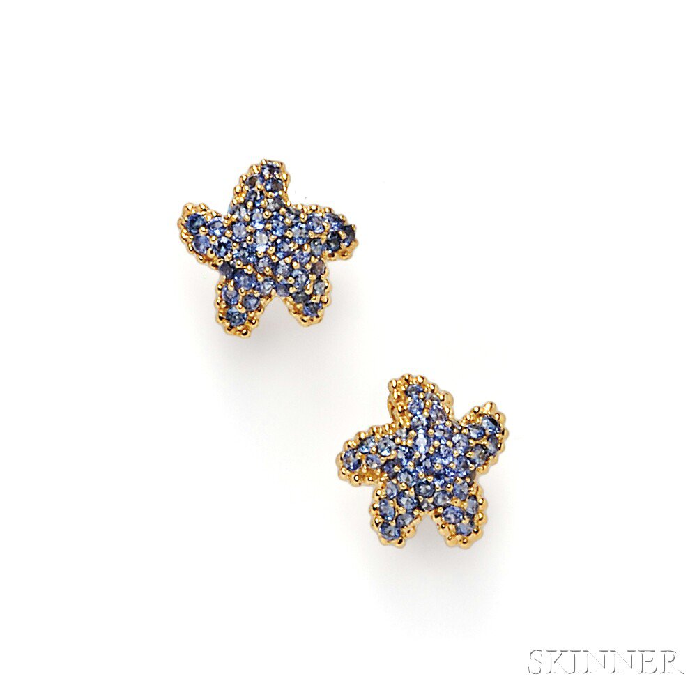 Appraisal: kt Gold and Sapphire Starfish Earclips each pave-set with circular-cut