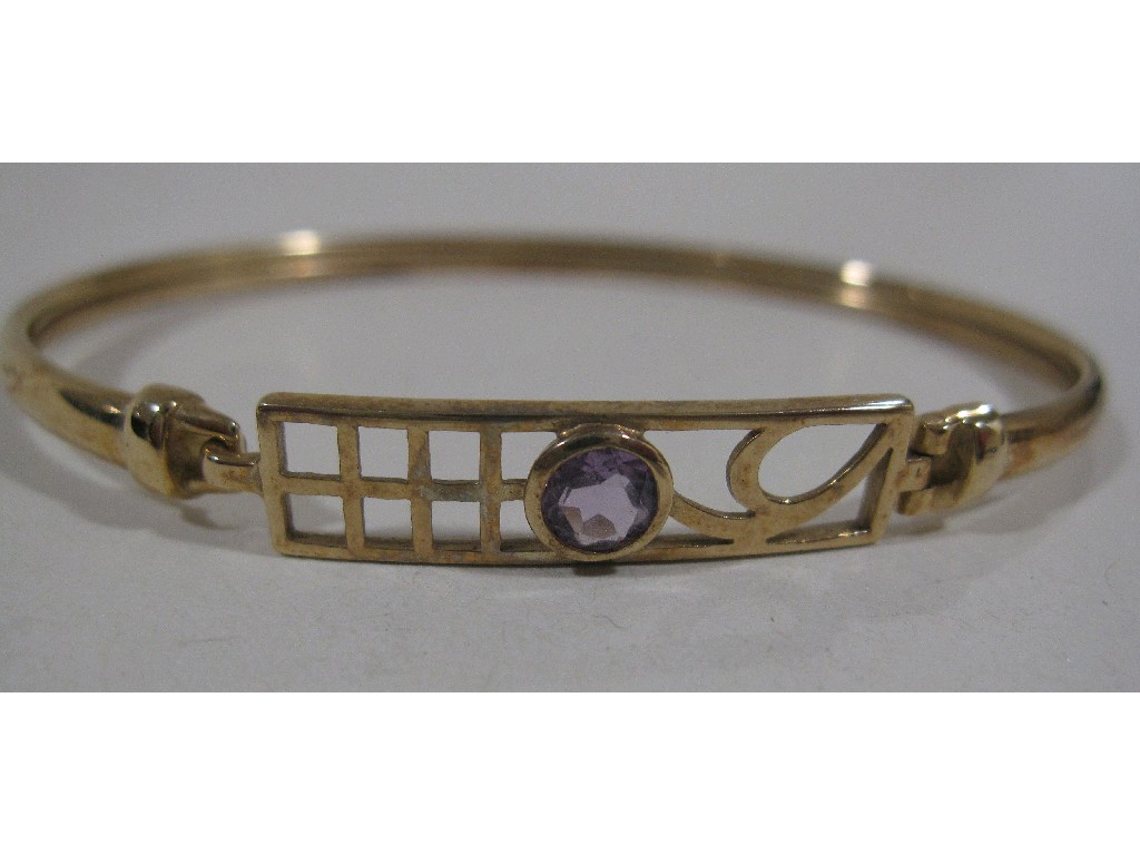 Appraisal: Nine carat gold amethyst set Charles Rennie Mackintosh style bangle