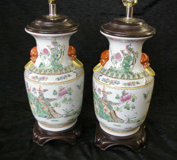 Appraisal: Large Pair of Kuang-Hsu Ringed Foo Dog Masque-Handled Porcelain Vases