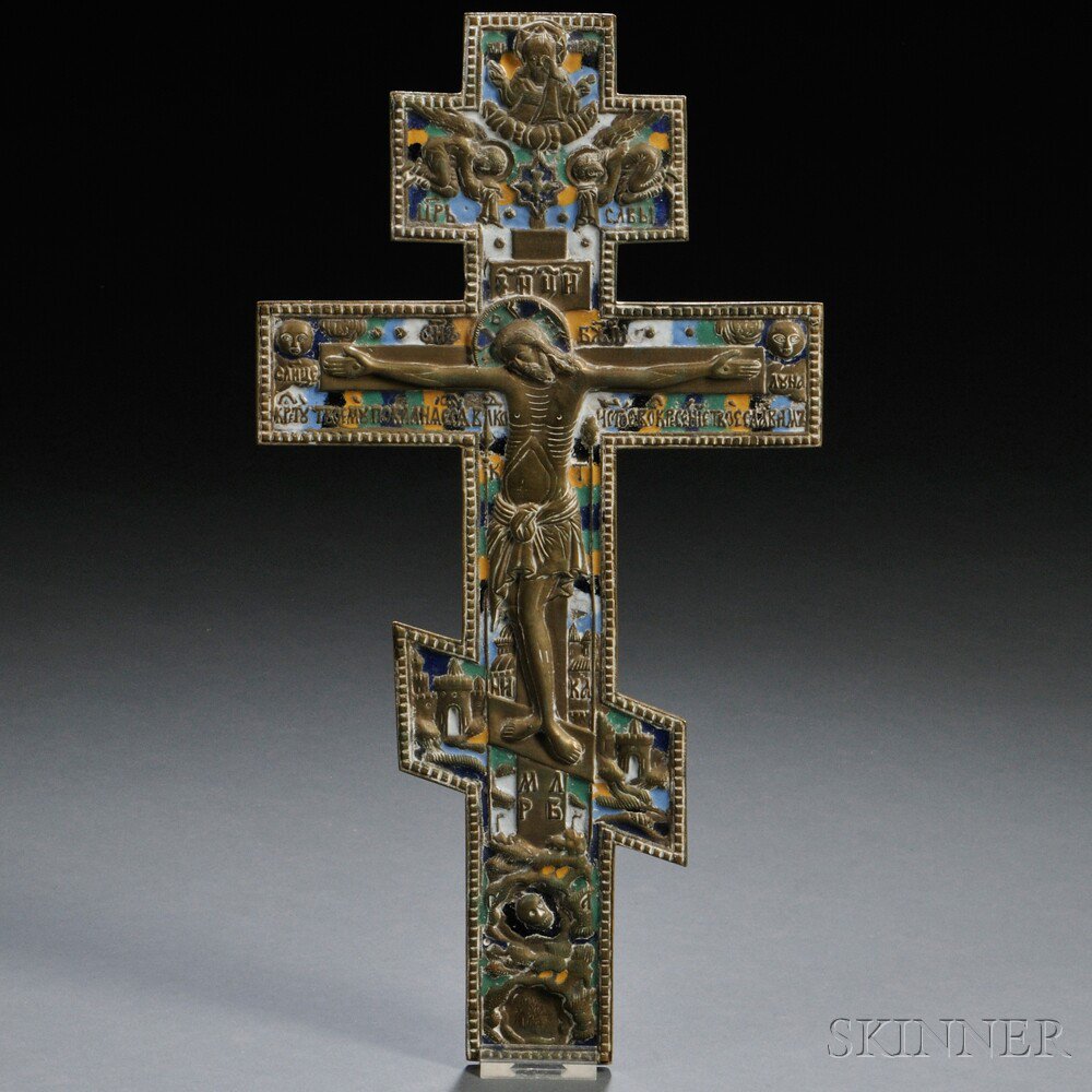 Appraisal: Russian Enameled Bronze Crucifix th th century polychrome champleve-decorated with