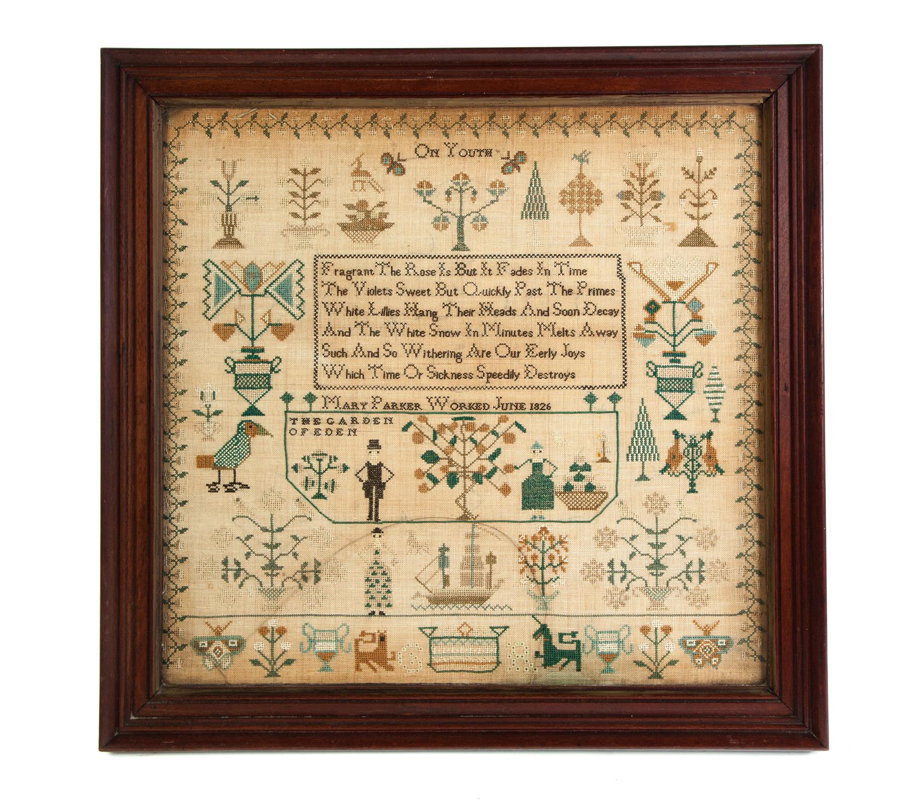 Appraisal: ADAM AND EVE SAMPLER English or American dated silk on