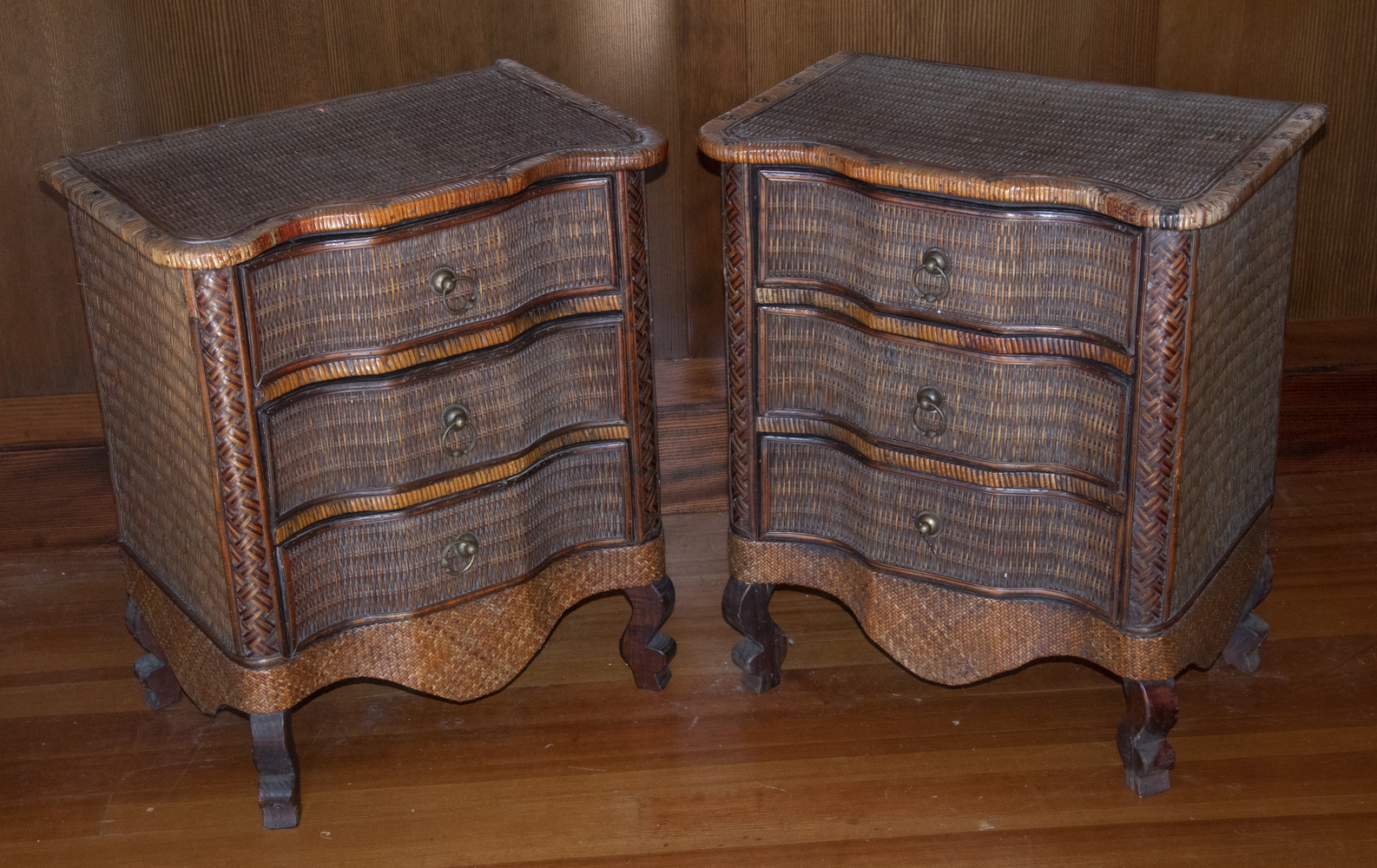 Appraisal: PR RATTAN SIDE TABLES Pair of Serpentine Front Side Stands