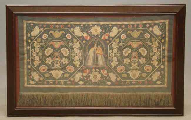 Appraisal: th c Swedish needlework having floral design with Madonna and