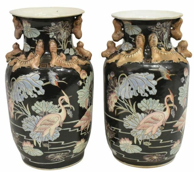 Appraisal: pair Chinese famille noir enameled porcelain vases each having flared