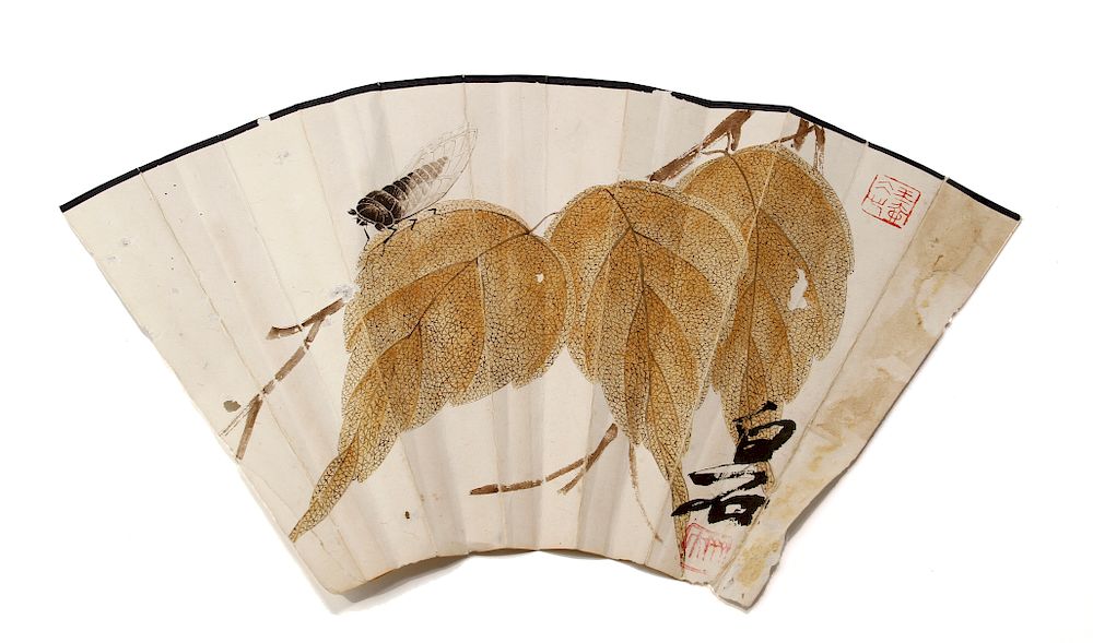 Appraisal: Fan Painting of Leaves and Cicada ink and color on