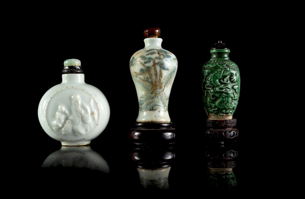 Appraisal: Three Chinese Porcelain Snuff Bottles Largest height in cm Three