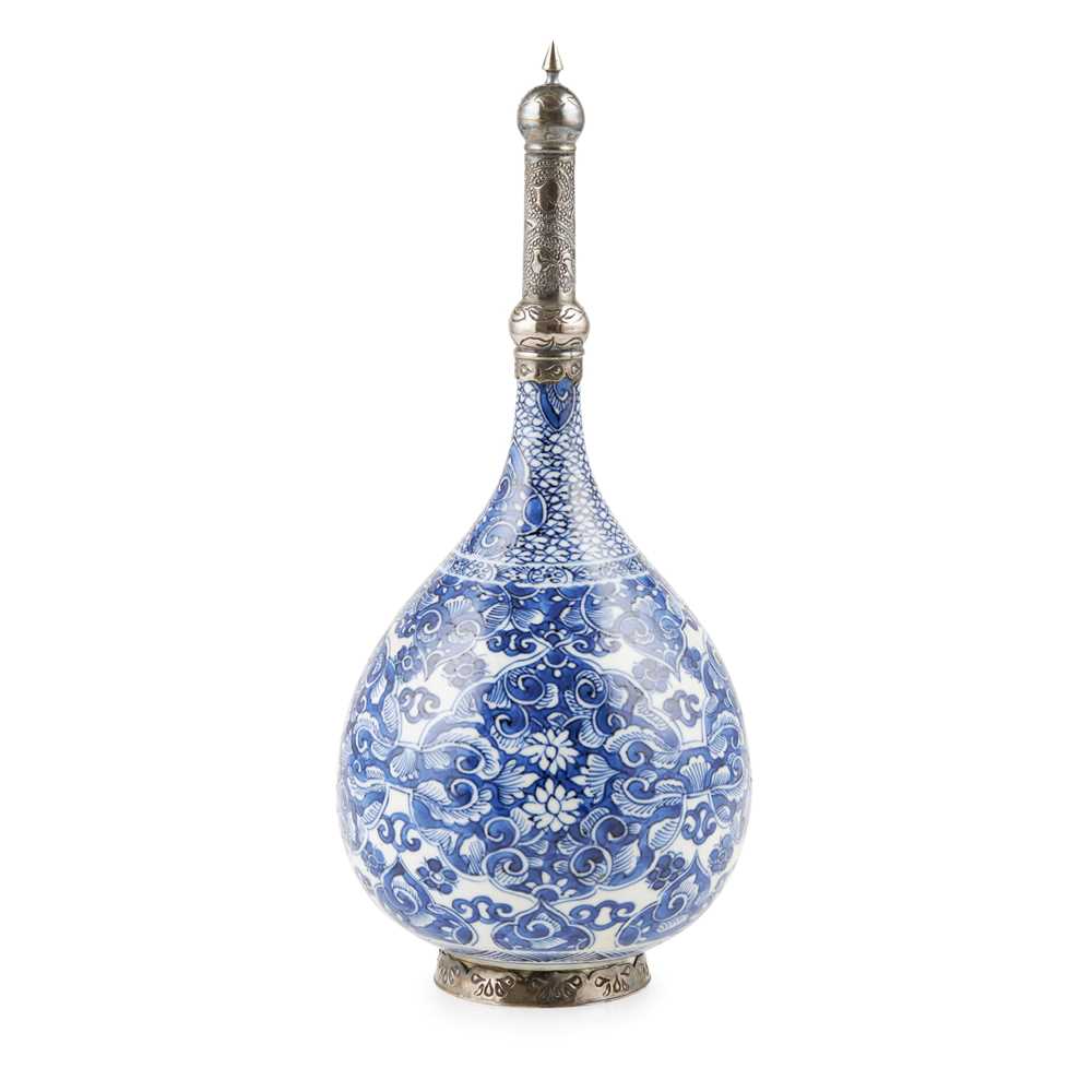 Appraisal: BLUE AND WHITE SILVER-MOUNTED ROSEWATER SPRINKLER QING DYNASTY KANGXI PERIOD