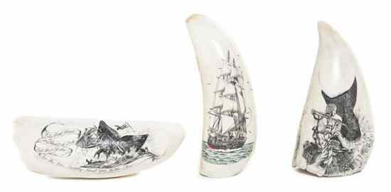 Appraisal: Three Contemporary Scrimshaw Whale's Teeth one depicting a whale's fluke