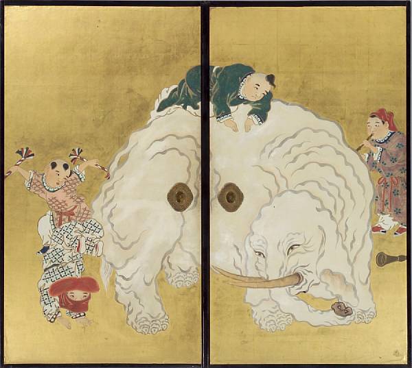 Appraisal: Anonymous Meiji Period Elephant and Karako Two fusuma-e ink color