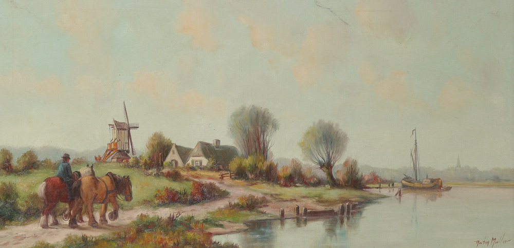 Appraisal: MULLER Anton Dutch th Century Dutch Landscape Along Canal Path