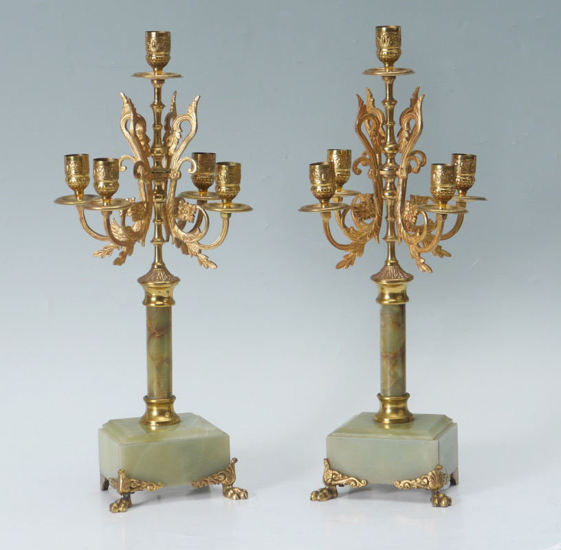 Appraisal: PAIR ONYX GILT BRONZE CANDELABRA Most likely a garniture set