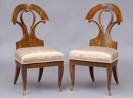 Appraisal: PAIR OF BIEDERMEIER INLAID WALNUT SIDE CHAIRS Each openwork back