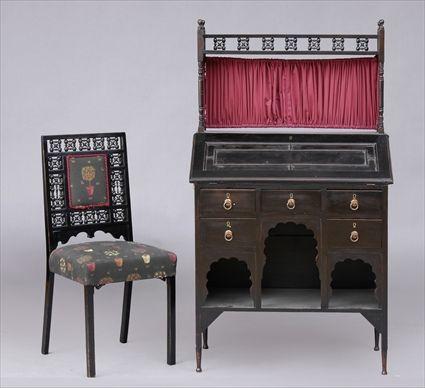 Appraisal: ANGLO-MOORISH EBONIZED SLANT-FRONT DESK AND A CHAIR EN SUITEPossibly Liberty