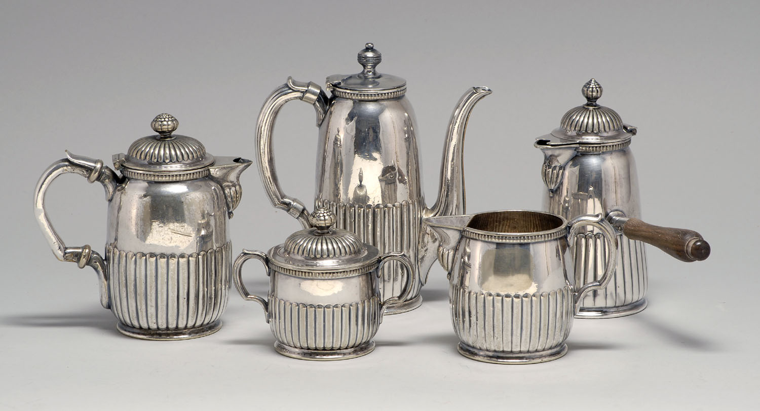 Appraisal: FIVE-PIECE TIFFANY SILVER PLATED DEMITASSE SET Includes coffeepot teapot hot