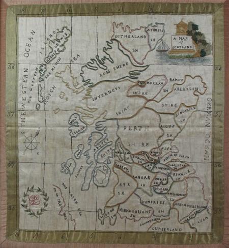 Appraisal: A th century embroidered silk work map of Scotland of