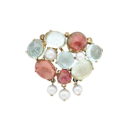 Appraisal: Cabochon Aquamarine Pink Tourmaline and Cultured Pearl Brooch Estimate -