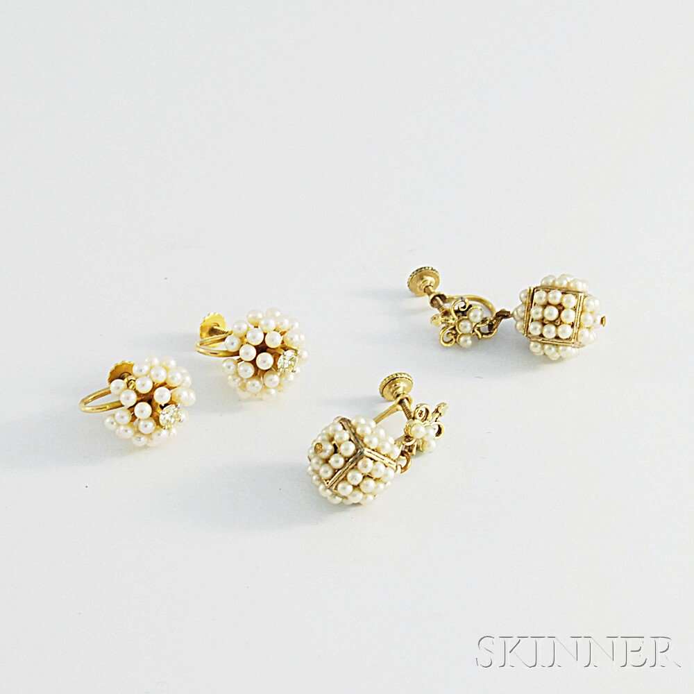 Appraisal: kt Gold Cultured Pearl and Diamond Earrings the cluster earrings