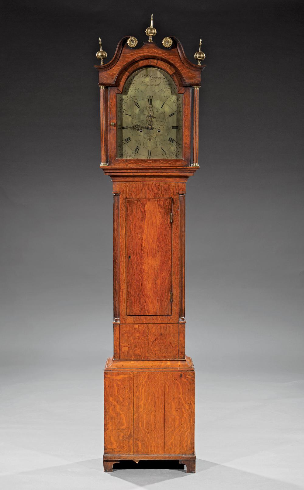 Appraisal: Scottish Oak Tall Case Clock early th c engraved brass