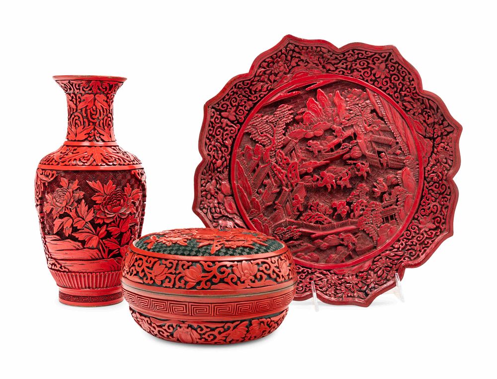 Appraisal: Three Chinese Carved Lacquer Articles Three Chinese Carved Lacquer Articles